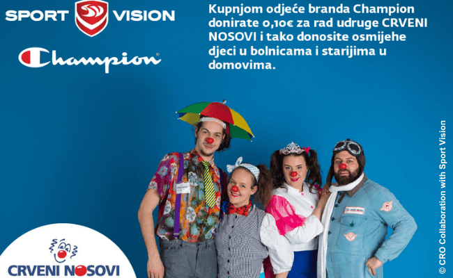 Werbung von Sport Vision und Champion: Beim Kauf von Kleidung werden 0,10 € an CRVENI NOSOVI gespendet, um Lächeln zu bringen.