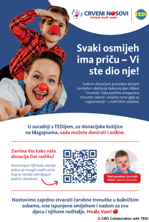 Spendenaufruf von CRVENI NOSOVI: 'Svaki osmijeh ima priču – Vi ste dio nje!' Mit QR-Code und Informationen zur Unterstützung kranker Kinder.