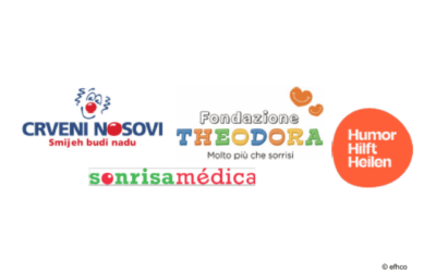 Logos verschiedener Organisationen: CRVENI NOSOVI, Fondazione Theodora, Humor Hilft Heilen und Sonrisa Médica, mit buntem Design.