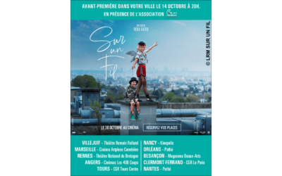 Plakat für den Film 'Sur un Fil' von Reda Kateb. Eine Clownfigur und ein Kind auf einem Dach vor einer Stadtlandschaft.