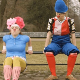 Danish Clowndoctors show warm-ups for a clown race.