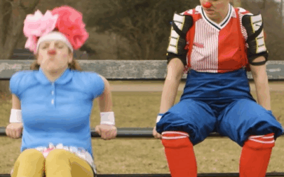 Danish Clowndoctors show warm-ups for a clown race.